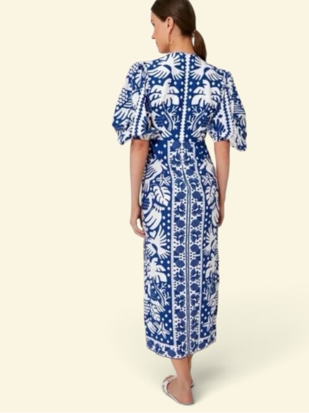 Farm Rio Jungle Scarf Puff Sleeve Cutout Linen Blend Dress In Navy Blue Size S - Picture 3 of 16